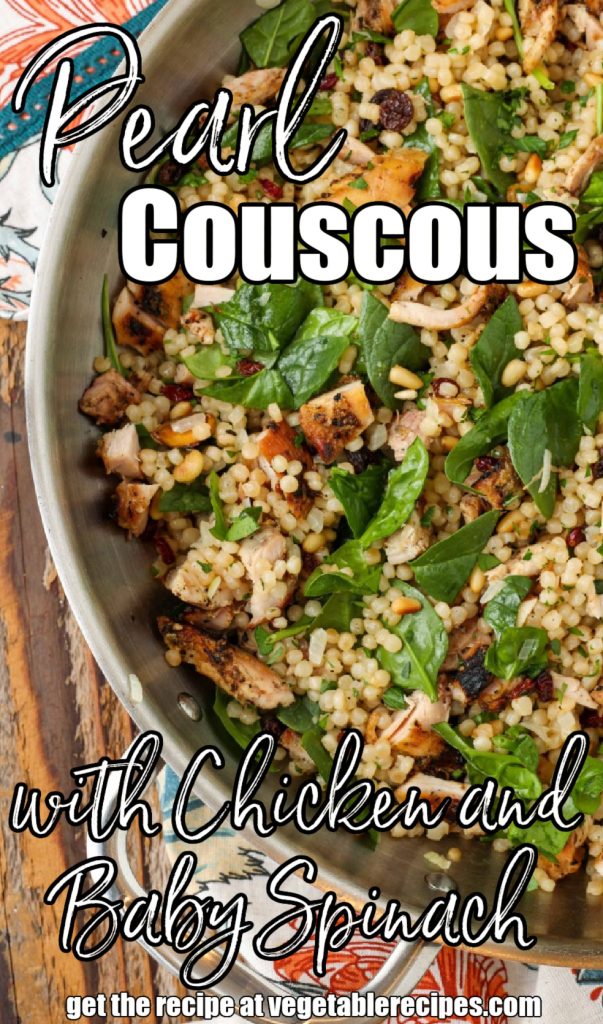 pearl couscous with spinach in skillet