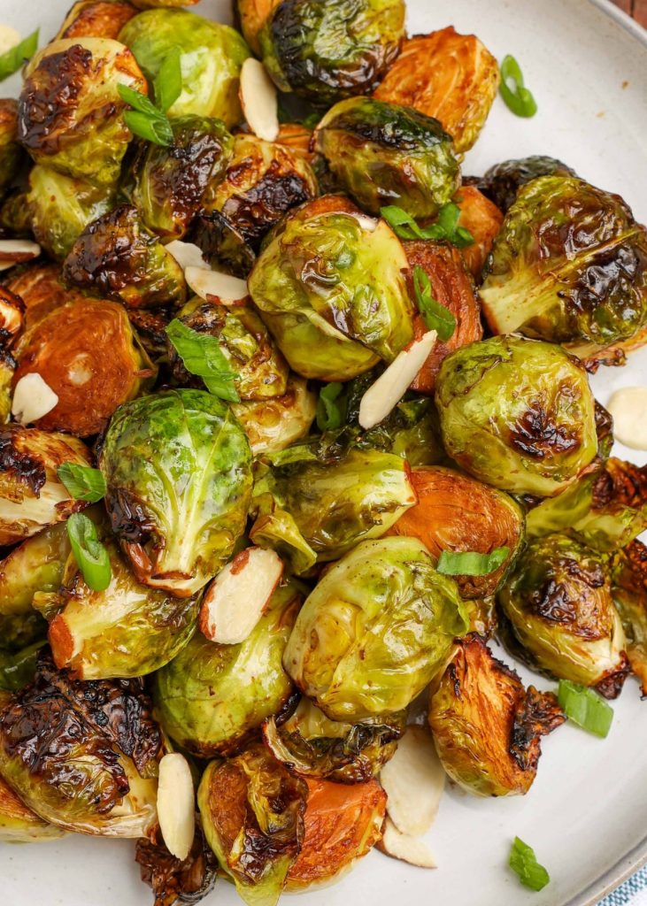 roasted Brussels sprouts on pottery plate