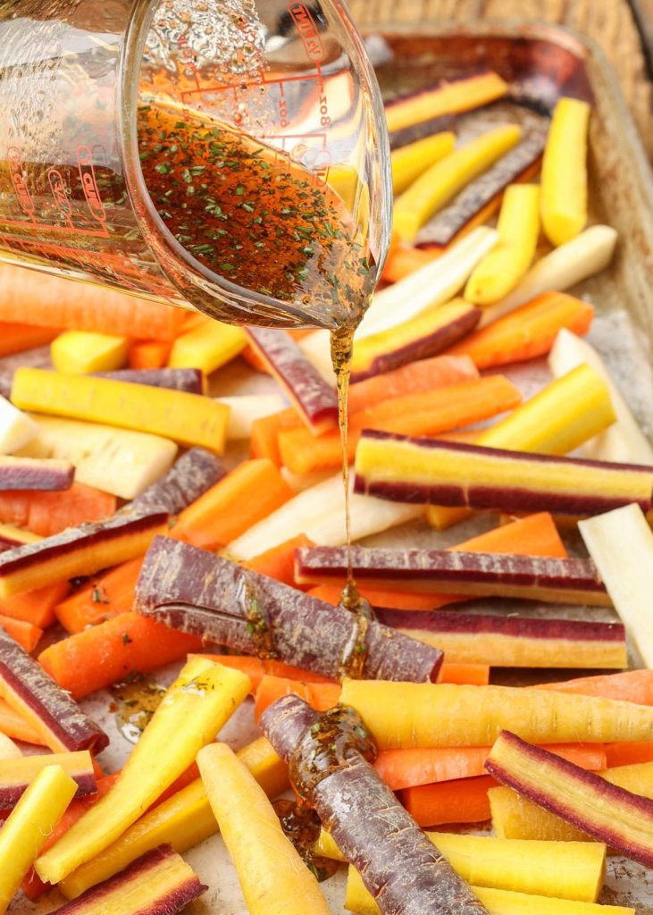rainbow carrots with maple, honey, and herbs 