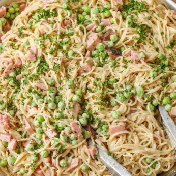 stainless skillet with Pasta, Ham, and Peas