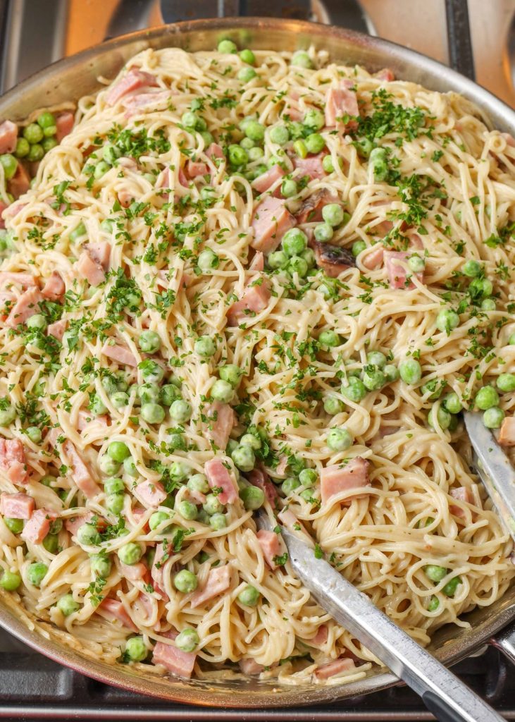 stainless skillet with Pasta, Ham, and Peas 