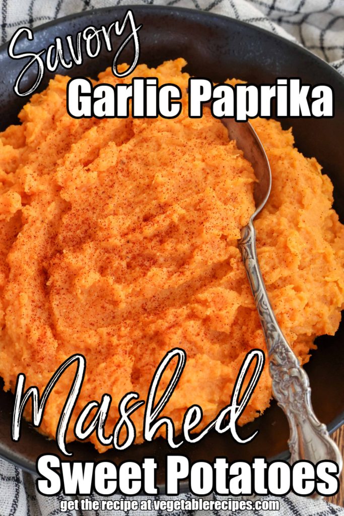 Mashed Sweet Potatoes with Garlic and Paprika in black bowl