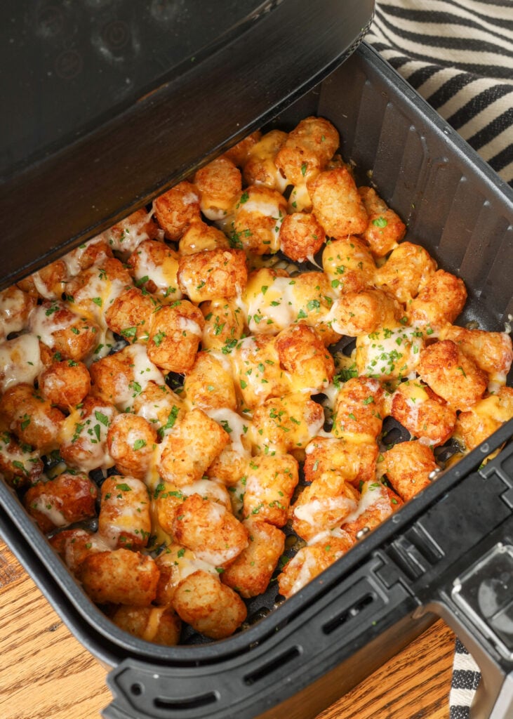 Crispy air fryer tater tots topped with melted cheddar and fresh parsley, ready to serve.