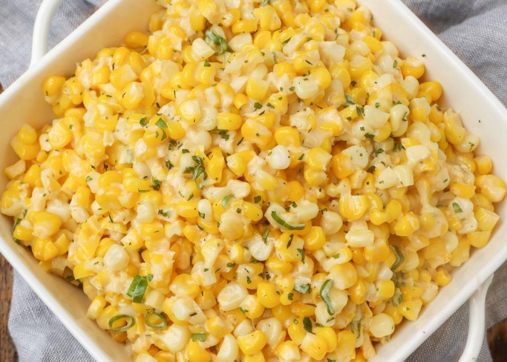 sauteed fresh corn in square white dish