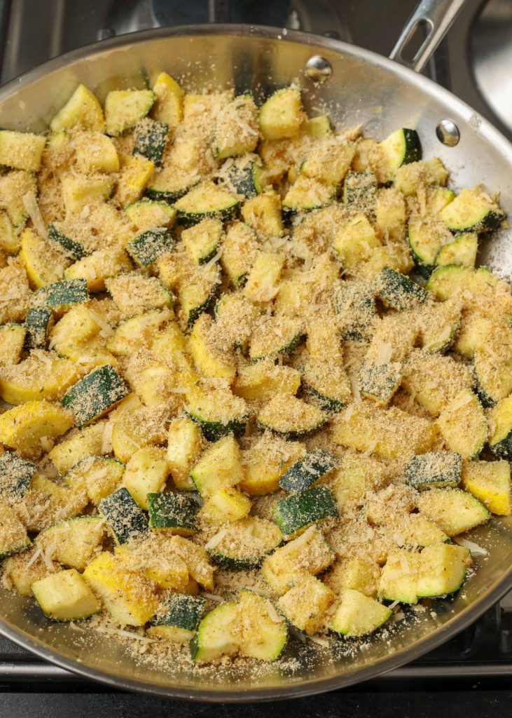 breadcrumb topped summer squash in skillet