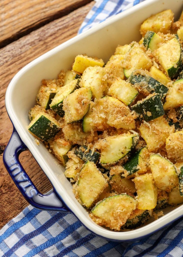 buttered zucchini topped with breadcrumbs
