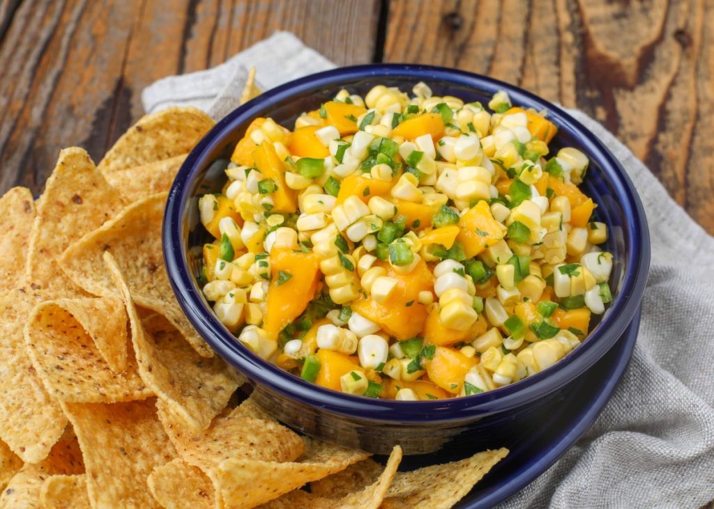 Corn Salsa with Mango in blue dish