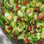 Brussels, bacon, and almonds in skillet