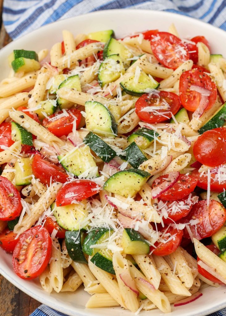 close up of Zucchini and Tomato Pasta Salad
