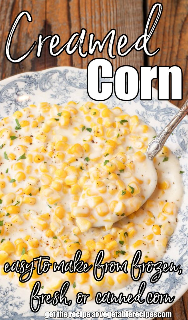 creamed corn in antique blue bowl