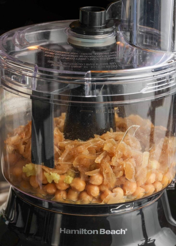 layered ingredients in processor
