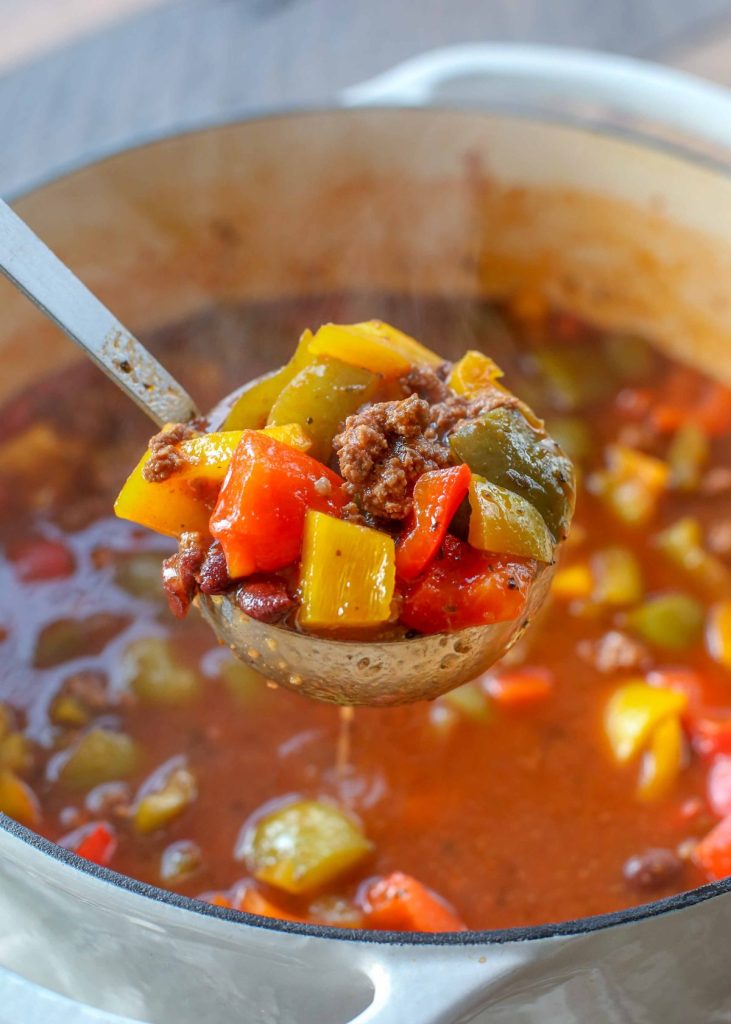 soup with ground beef, bell peppers, rice, tomatoes, and beans