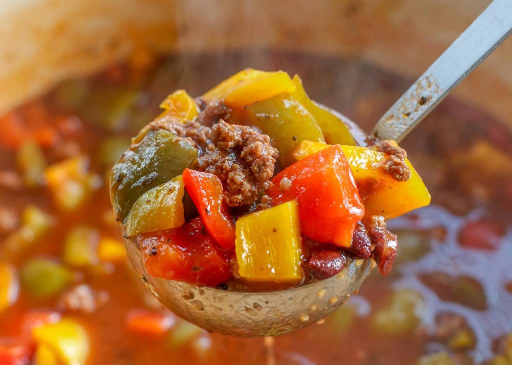 hearty soup with ground beef and bell peppers